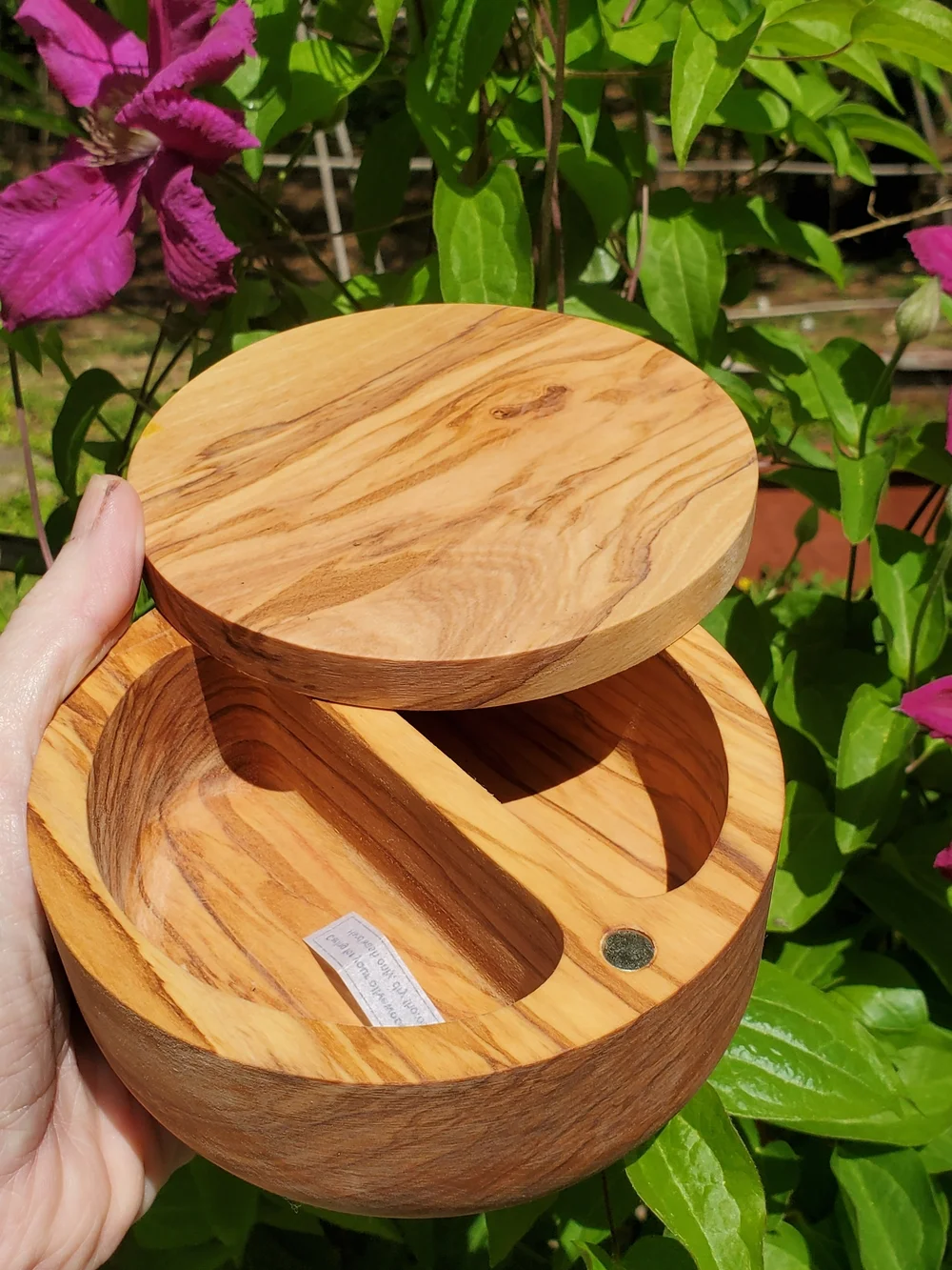 Olive Wood Salt Keeper 2 sections Salt, Pepper, Spice Cellar Magnetic Swivel Lid